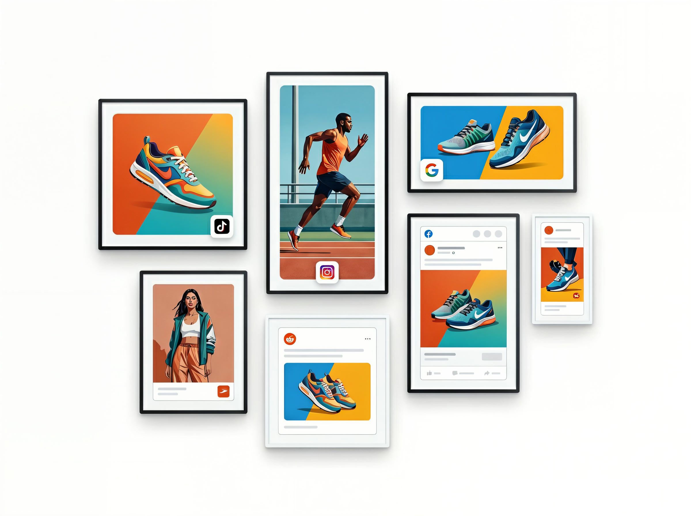 A gallery wall of polished ad creative in many platform formats