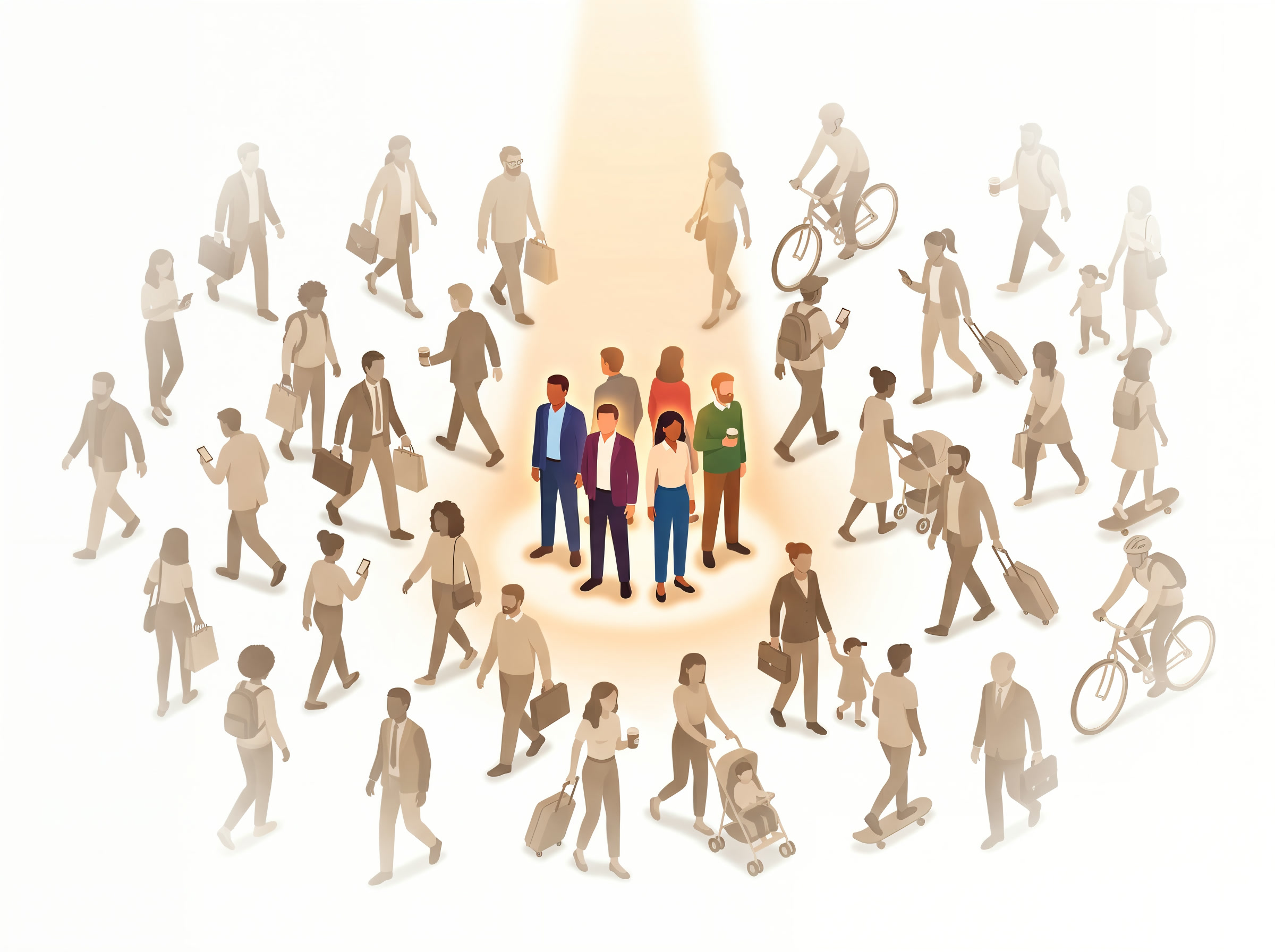 A busy crowd of people, with the right buyers highlighted under a soft spotlight
