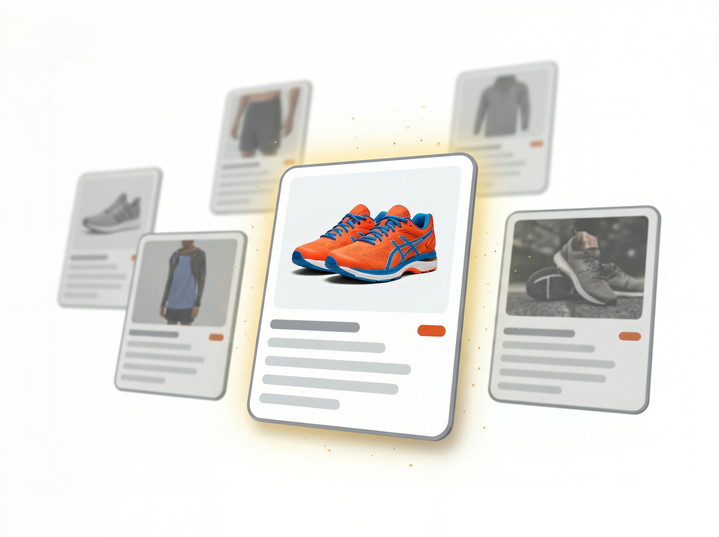 Floating ad cards in 3D space, with the winning ad brightly glowing in the foreground