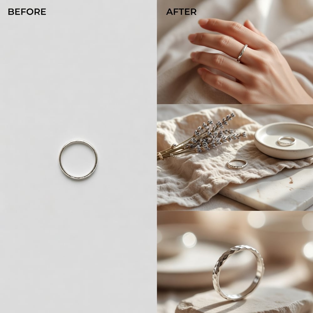 Before and after: Jewelry — One catalog shot → on-hand, lifestyle, hero close-up