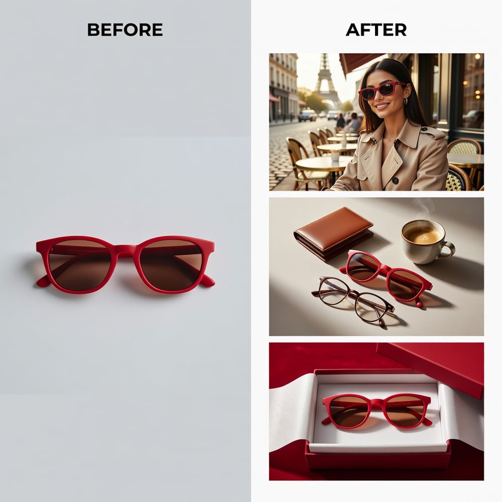 Before and after: Eyewear — One product photo → street style, flat-lay, gift box